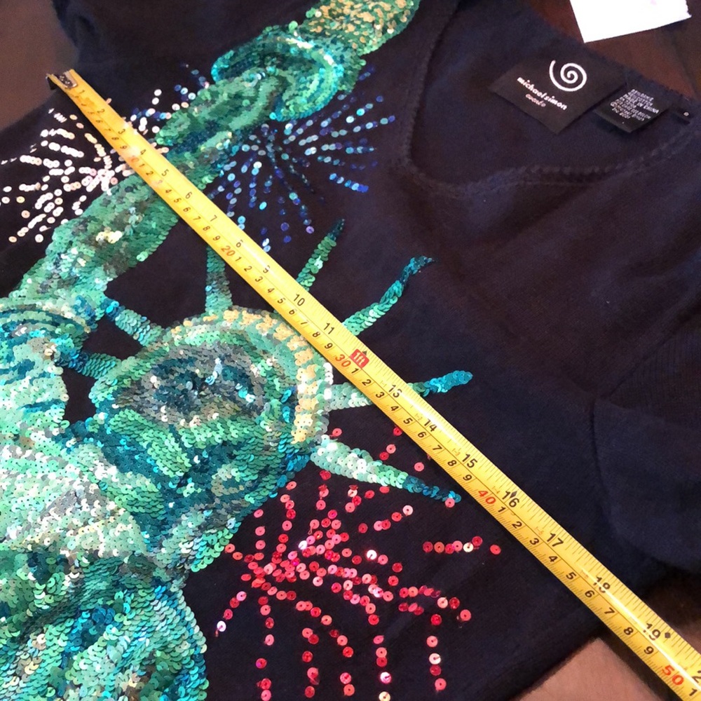 🗽Michael Simon Lady Liberty Fireworks sequins knit short sleeve v-neck sweater - Picture 8 of 10